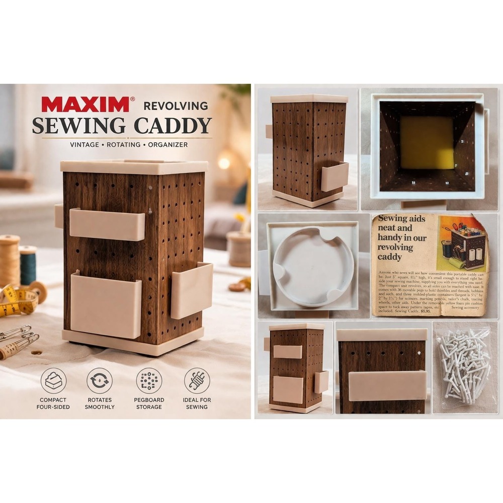 Maxim Revolving Sewing Caddy VTG‎ Rotating Pegboard Organizer Wood Grain White